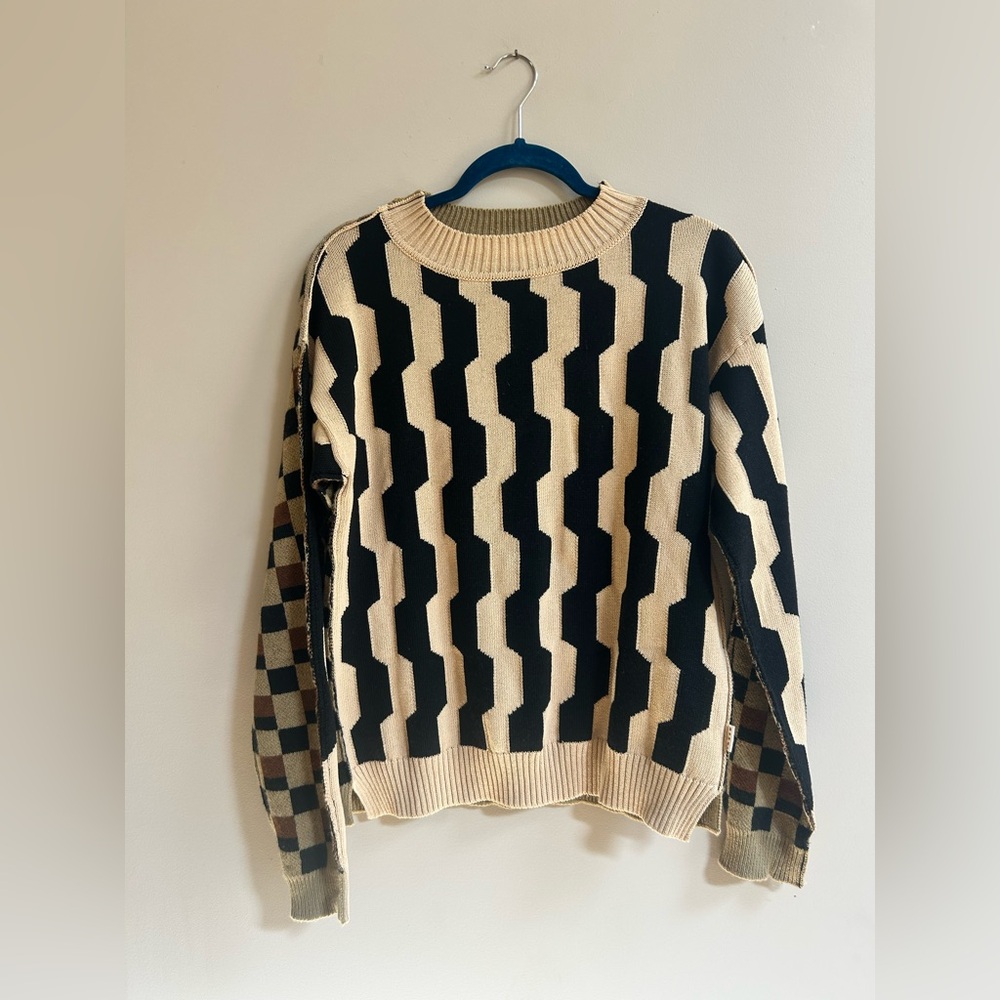 Marni Italy Mixed Geometric Pattern Knit Long Sleeve Sweater Top, Wool & Cotton